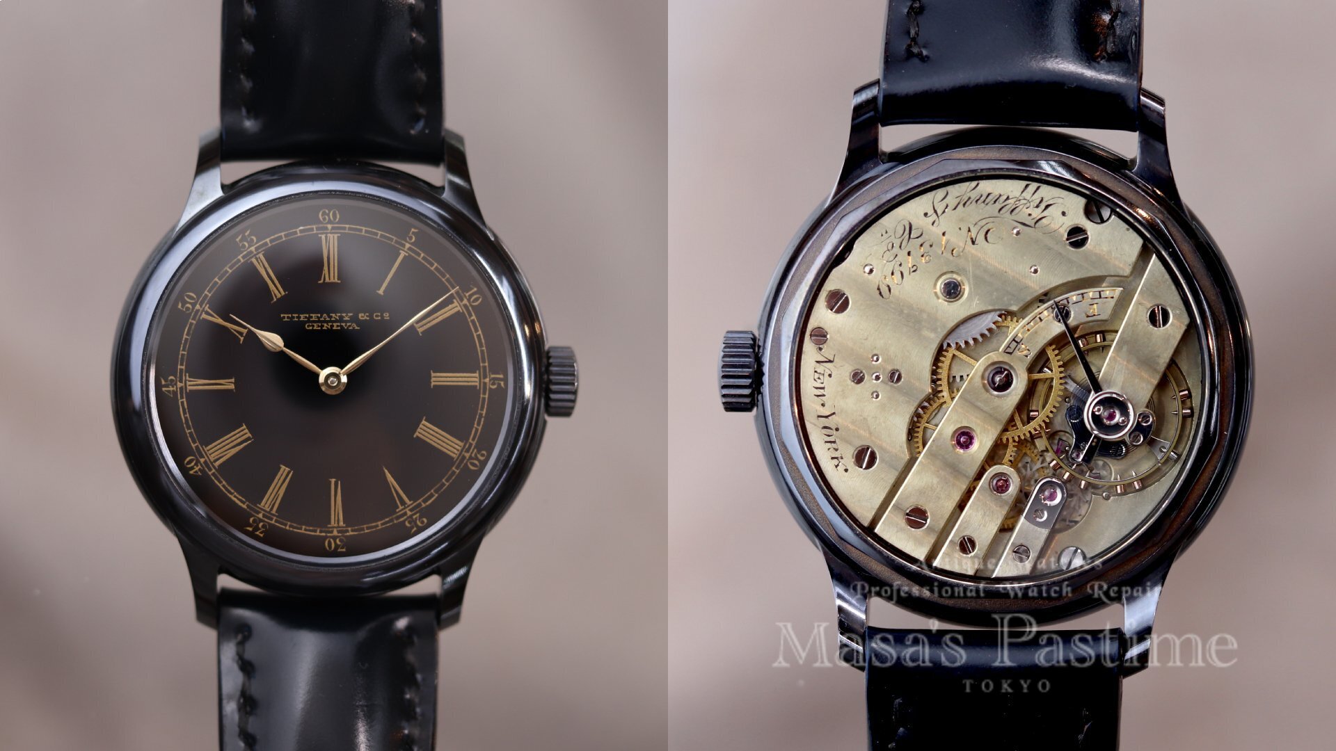 ティファニー　黒文字盤　赤銅　カスタム腕時計